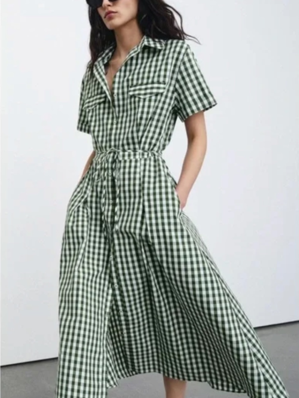 Zara GINGHAM CHECK SHIRT DRESS - Green NWT - Picture 2 of 6